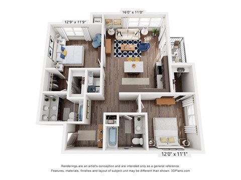 Floor plan for 2 beds, 2 baths, 1077 sqft